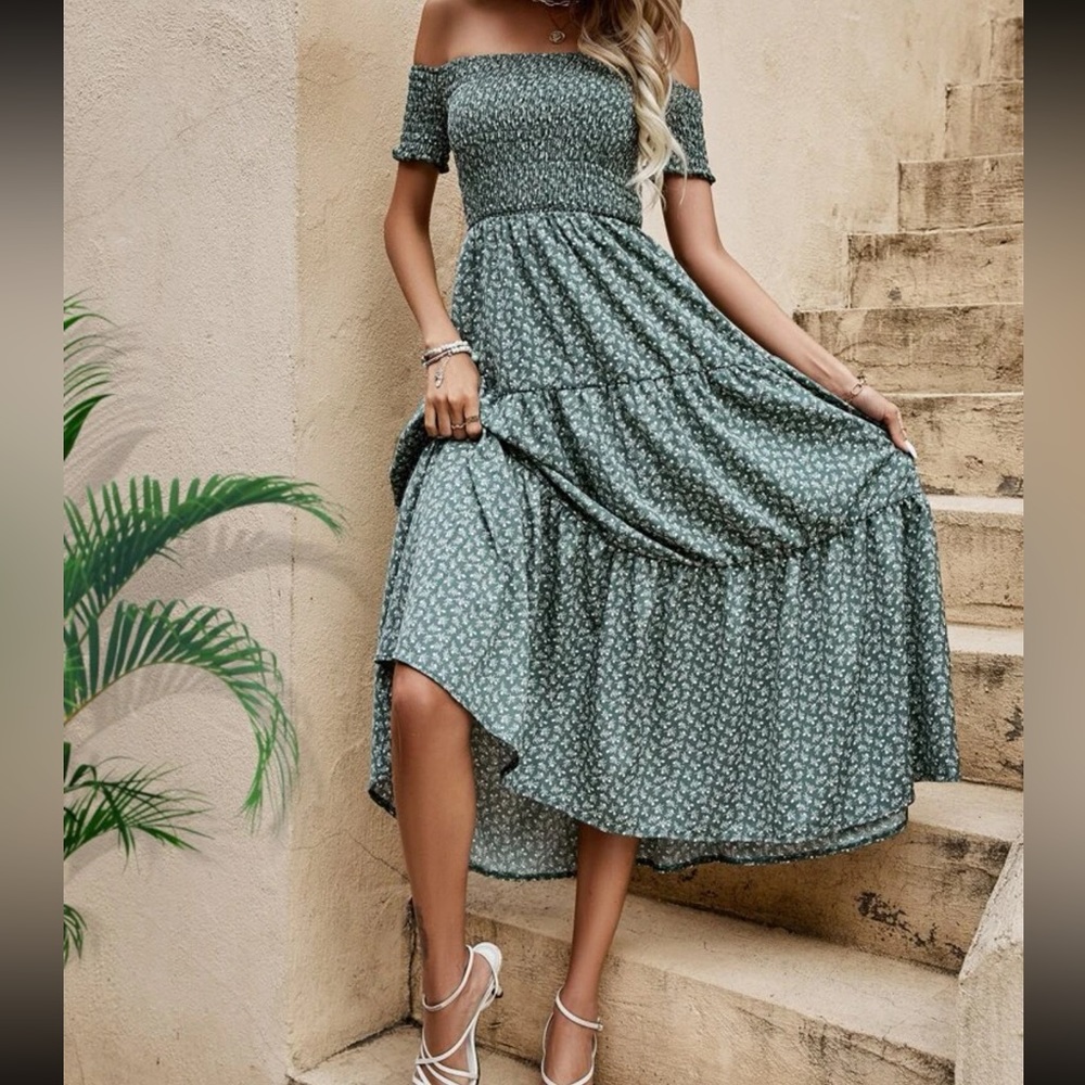 Worn SHEIN VCAY Ditsy Floral Print Off Shoulder Ruffle Hem Dress